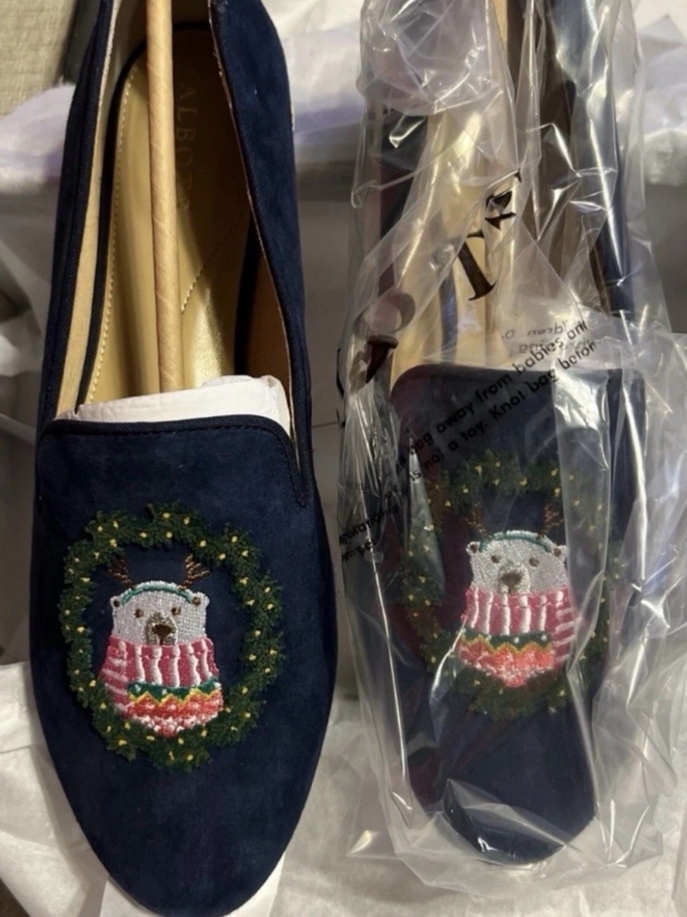 Talbots Navy Velvet Loafers with Embroidered Bear Wreath